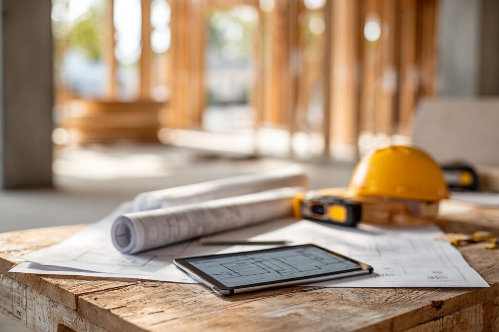 Revision-stamped drawings and plans on a site desk, for confirming the code path and professional reviews