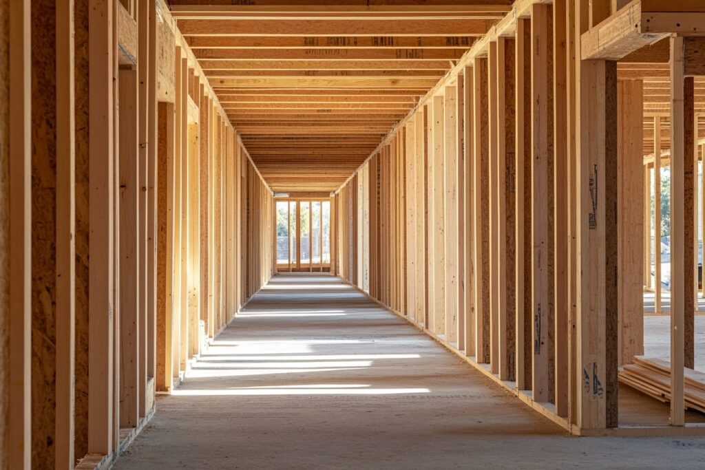 Repeated identical units in a multifamily wood frame, illustrating planned repetition, stacking, and crew flow
