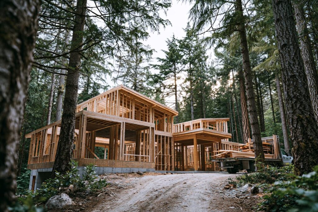 Custom home being framed in wooded lot in BC