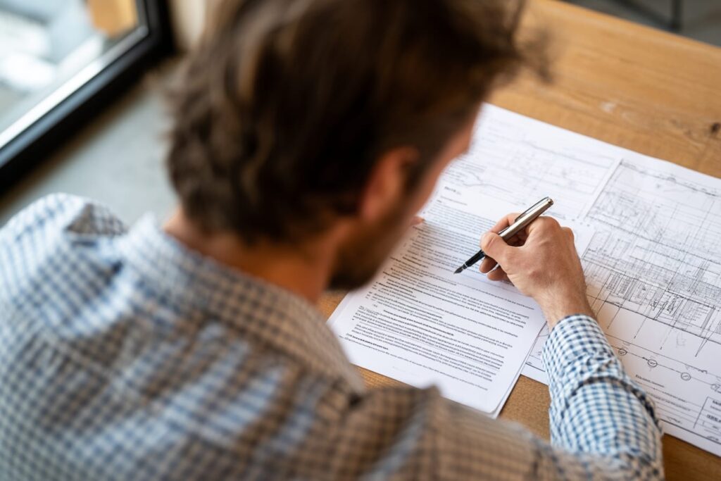 Fixed-price framing contract being reviewed alongside structural drawings on a wooden desk