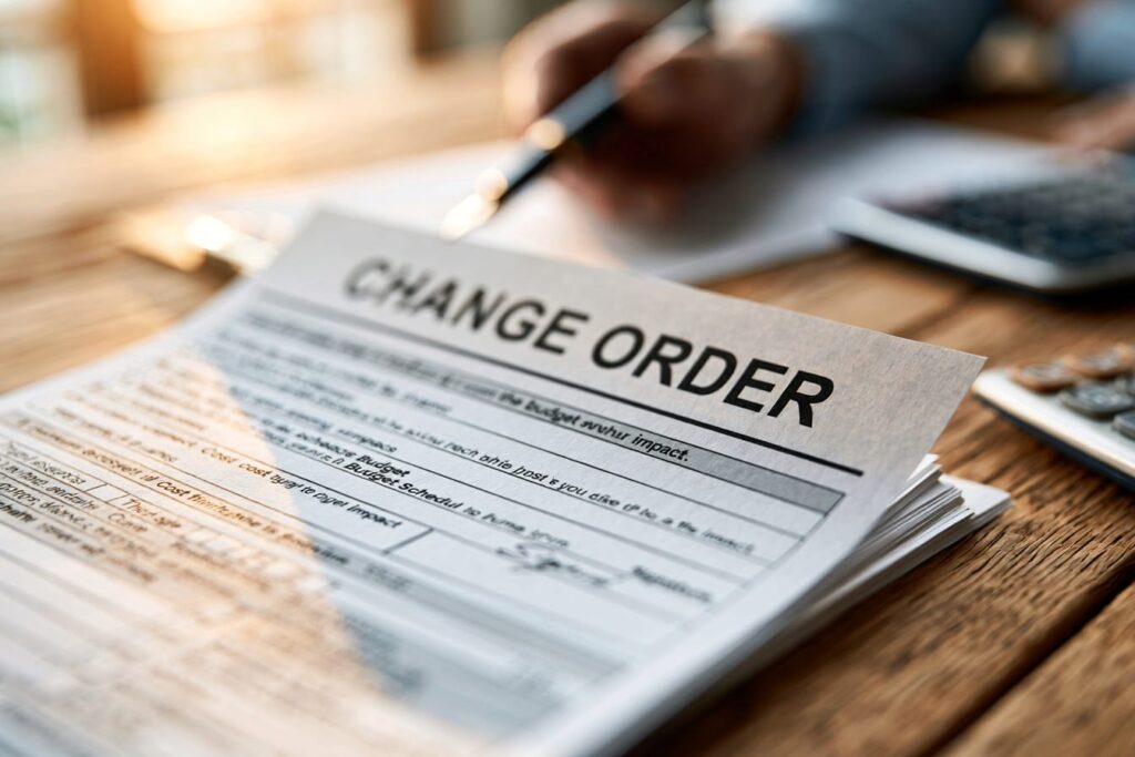 Framing change order form with clear cost and schedule impact reviewed before approval