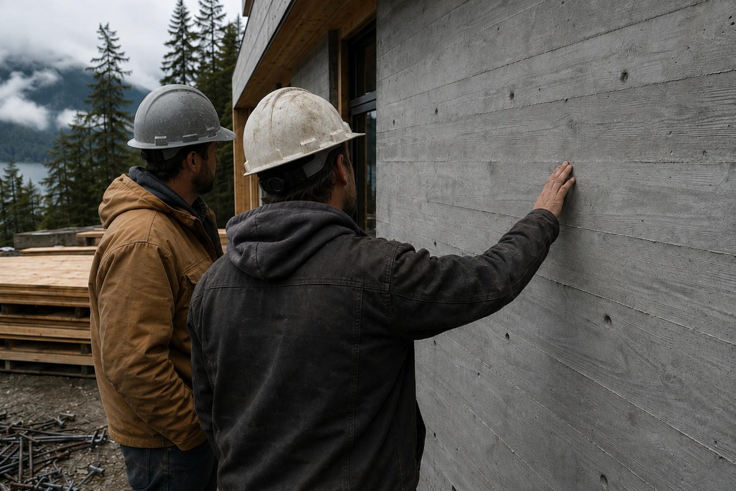 Two carpenters inspecting a freshly stripped board-formed concrete wall on a Vancouver area home site
