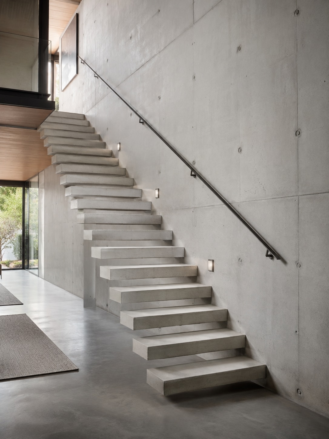 Cast-in-place architectural concrete staircase with a thin steel handrail in a modern home