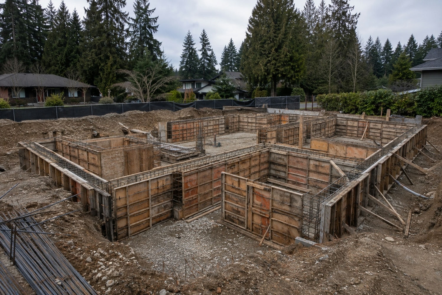 Residential custom home foundation with plywood and aluminum concrete wall forms standing on a Lower Mainland BC jobsite