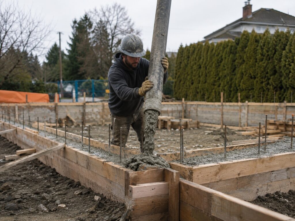 Worker guiding a concrete pump hose to place ready-mix into foundation wall forms on a Lower Mainland jobsite