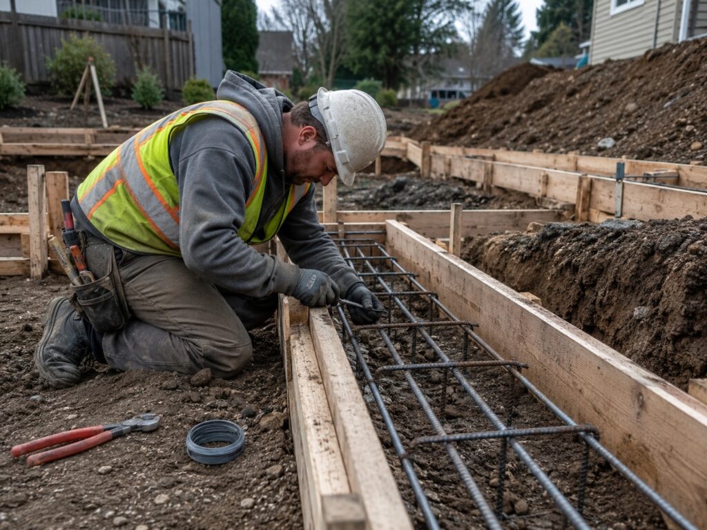 Worker tying steel reinforcing bar inside footing forms on an excavated foundation pad before the concrete pour