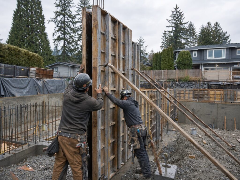 Construction crew bracing tall foundation wall forms plumb on a Vancouver area custom home build