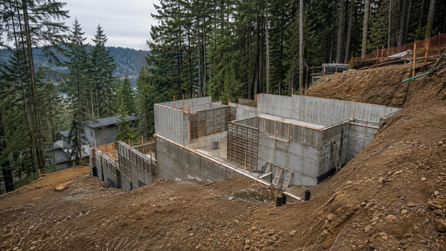 Concrete formwork stepping down a steep residential building lot on a Vancouver hillside