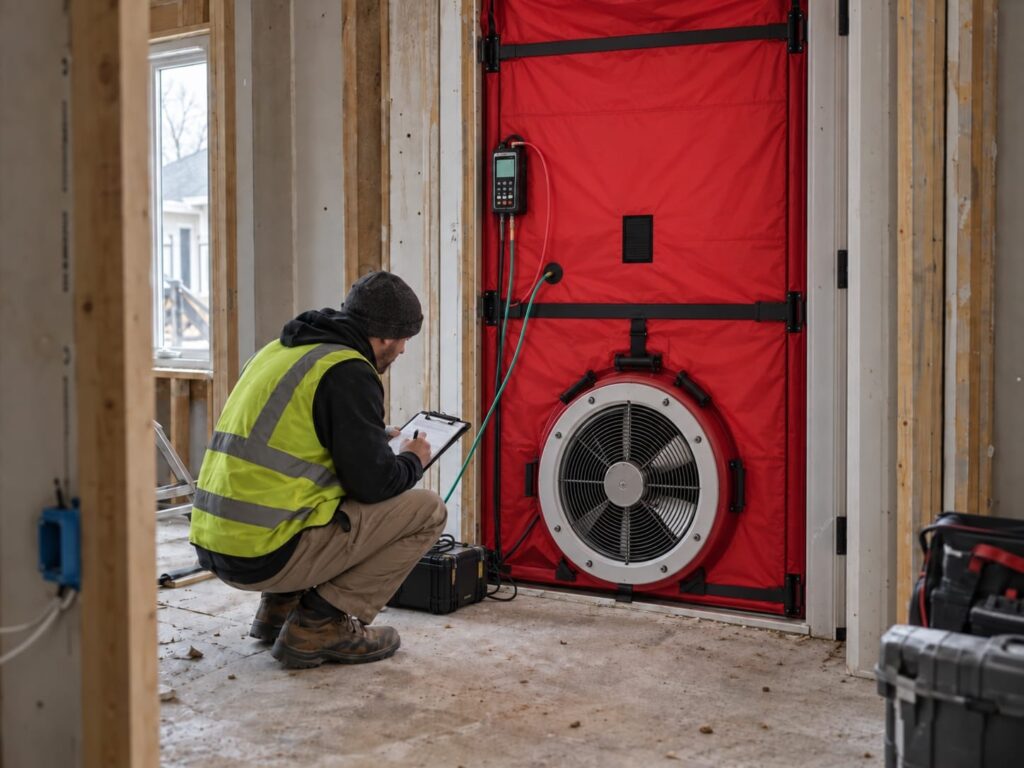 Technician setting up a blower door test in the front doorway of a house under construction