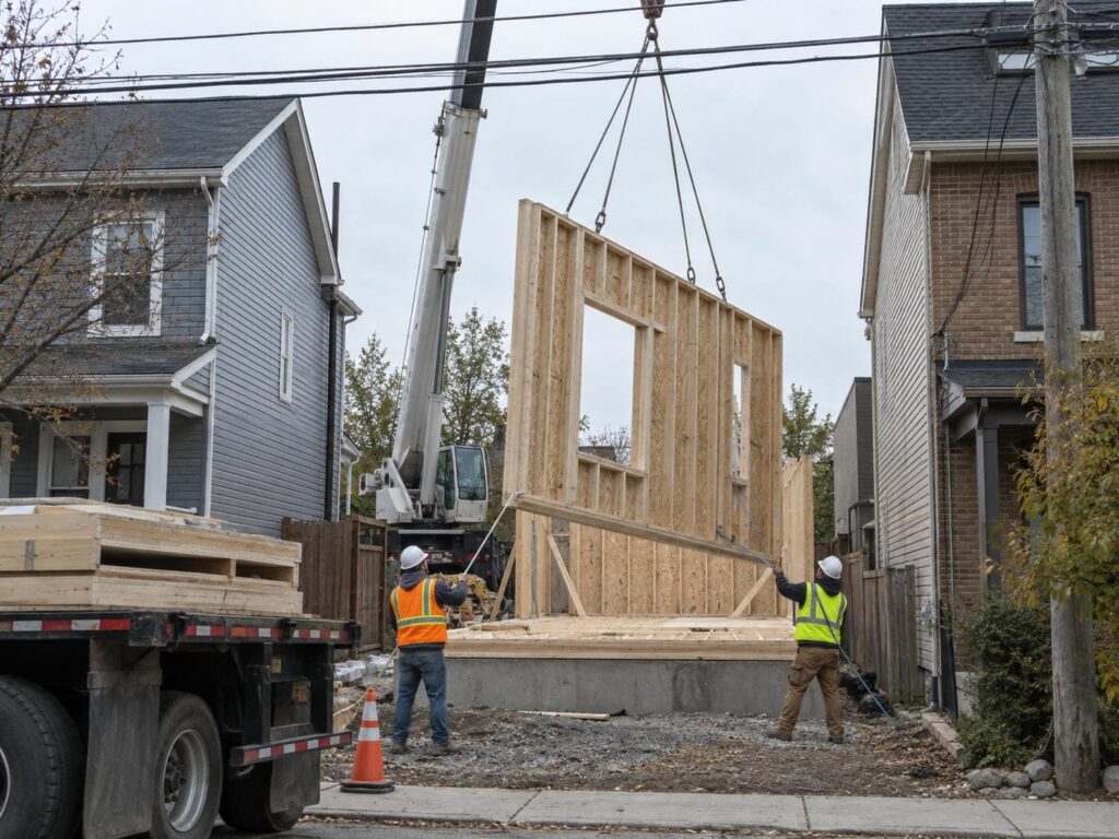 Two workers guiding a suspended wall panel with tag lines on a narrow Vancouver infill lot as a crane lifts it over the foundation