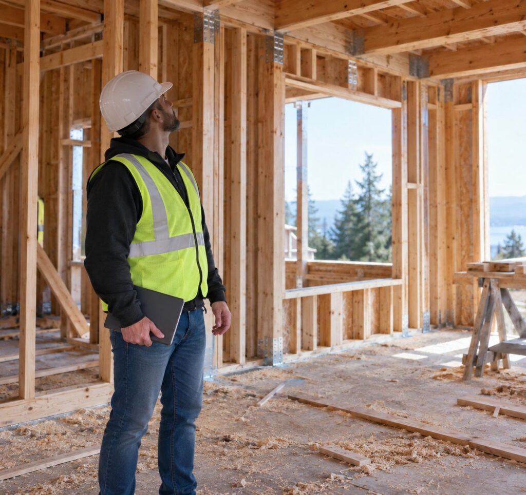 Building inspector reviewing exposed wood framing inside a house under construction in British Columbia