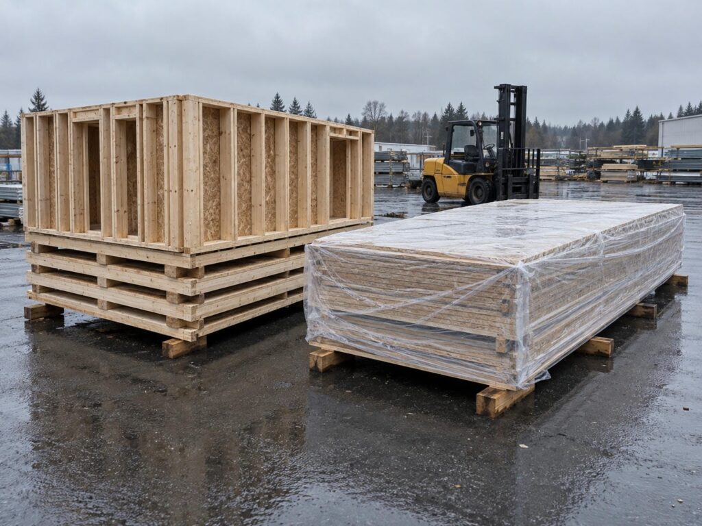 Stacks of open and sheeted prefabricated wood wall panels waiting on dunnage in a fabrication yard