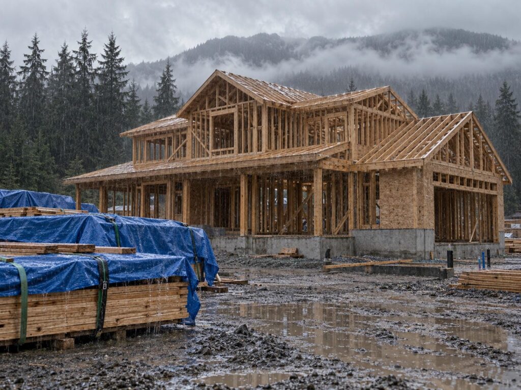 Rain falling on the exposed wood framing and tarped lumber stacks of a Lower Mainland construction site