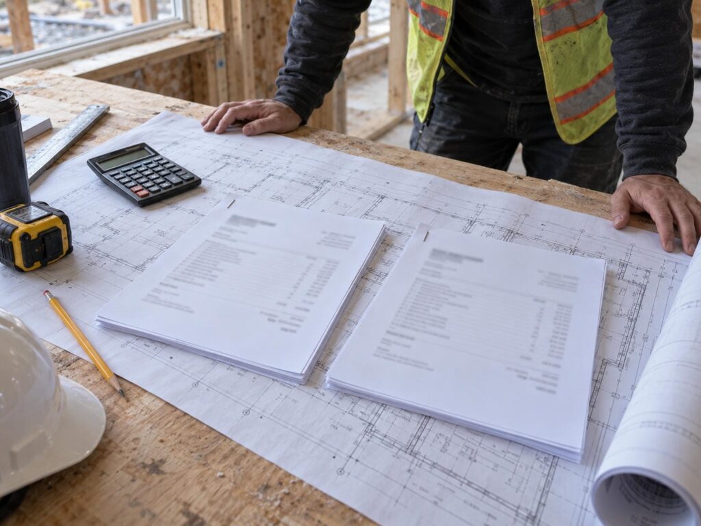 Two construction quotes and a calculator laid over unrolled house drawings on a plywood work table