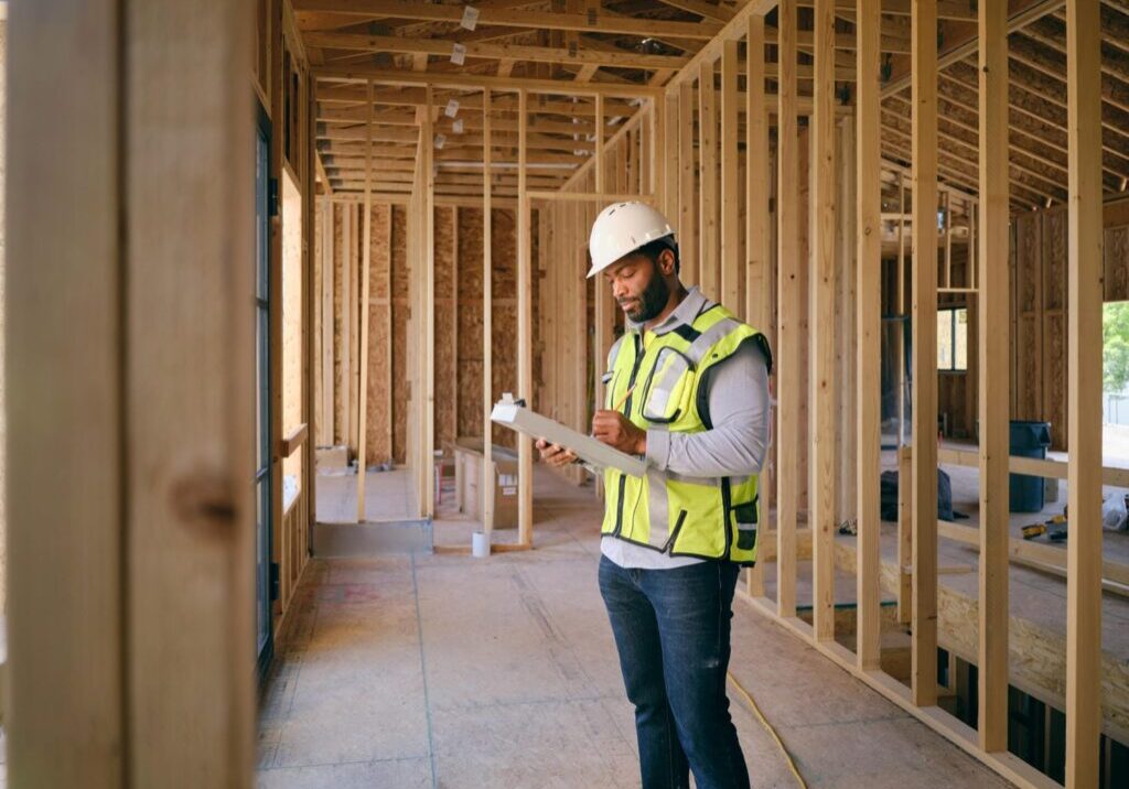 Building inspector with hard hat and hi-vis vest reviewing a clipboard inside a custom home during the framing inspection stage