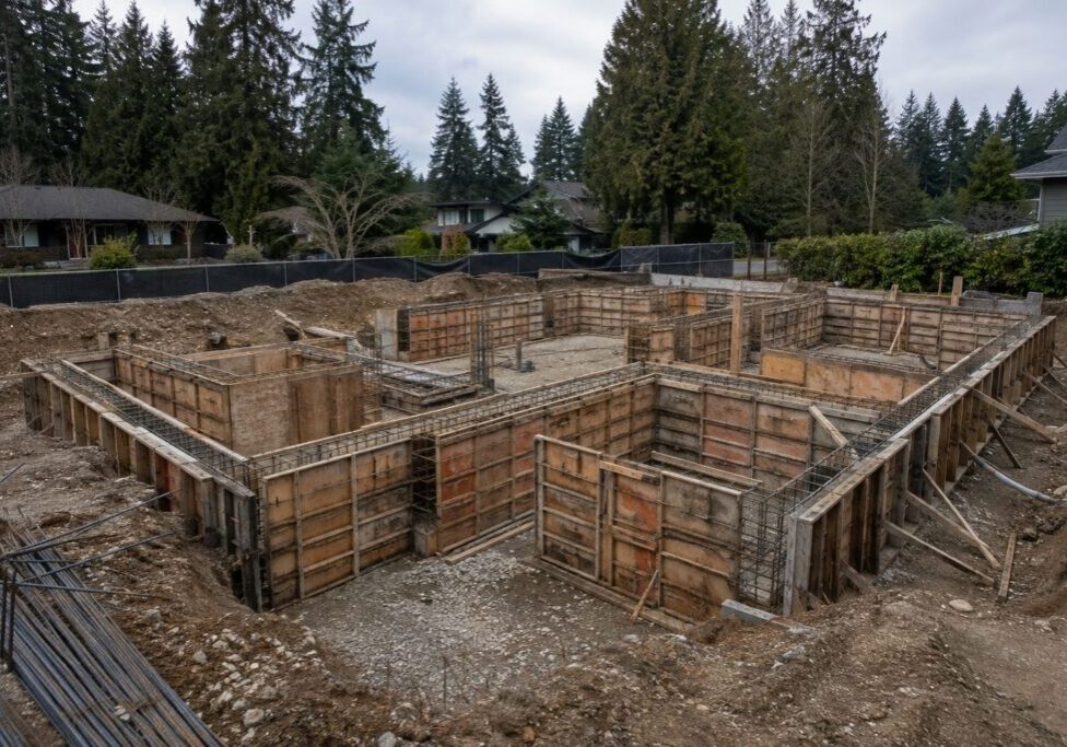 Residential custom home foundation with plywood and aluminum concrete wall forms standing on a Lower Mainland BC jobsite