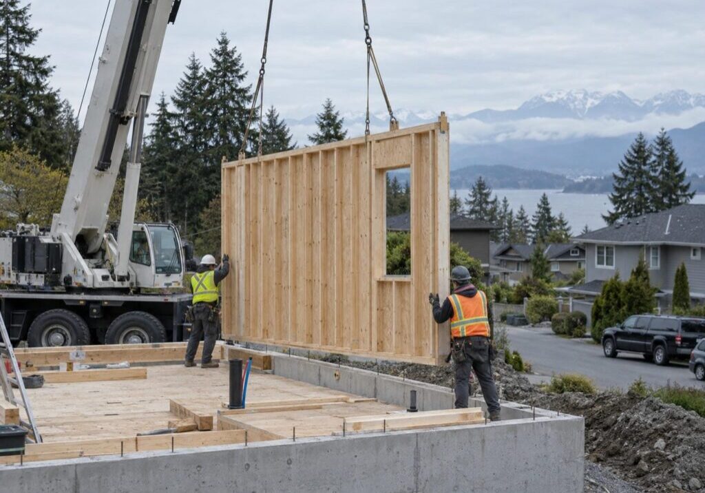 Crane lowering a prefabricated wood wall panel onto a new foundation on a Vancouver area home site while two framers steady it from the deck